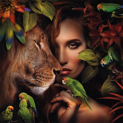 By Kohler  Woman with Lion and Parrots 80x80cm (200240)
